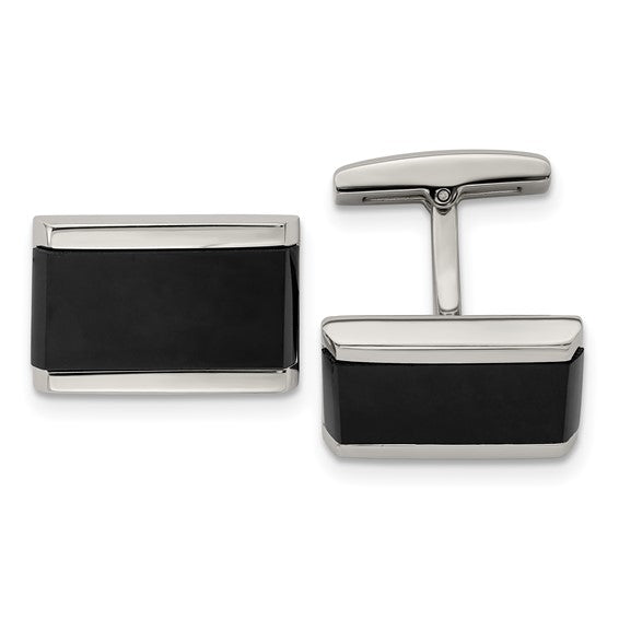 Pair of silver and black rectangular cufflinks on a white background