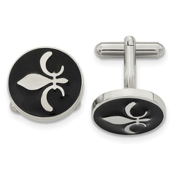 Cufflinks with black and silver design on a white background