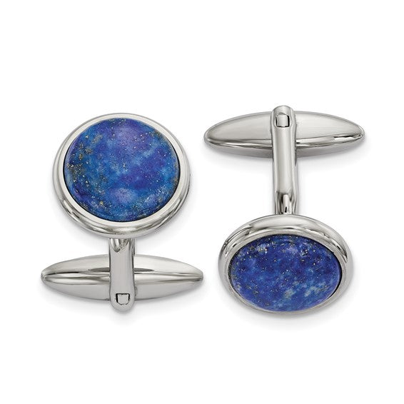 Cufflinks with blue stone and silver metal on a white background