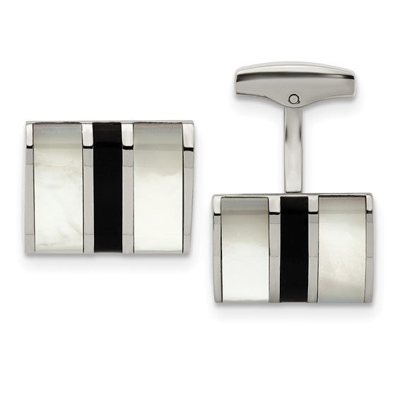 Pair of square cufflinks with black and white stripes on a white background