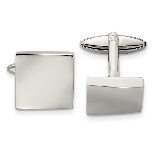 Pair of silver rectangular cufflinks on a white background