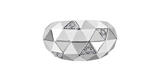 Silver ring with geometric design and embedded stones on a white background