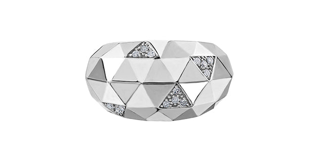 Silver ring with geometric design and embedded stones on a white background