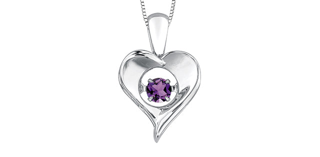Silver heart-shaped pendant with a purple gemstone on a white background