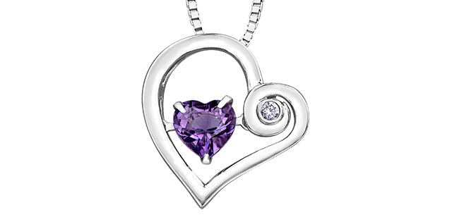 Heart-shaped pendant with purple gemstone and clear stone on a white background