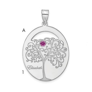 Silver pendant with tree design and pink gemstone on a white background