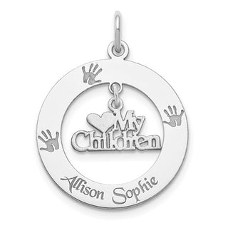 Silver pendant with 'I love my children' and handprints on a white background