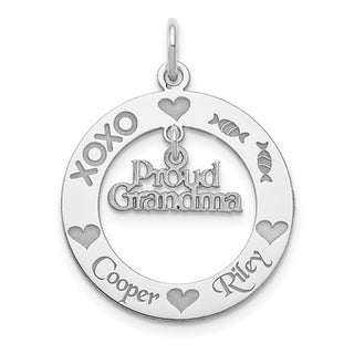 Silver pendant with 'Proud Grandma' and names engraved on a white background
