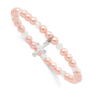 Bracelet with pink and white beads and a silver cross charm on a white background