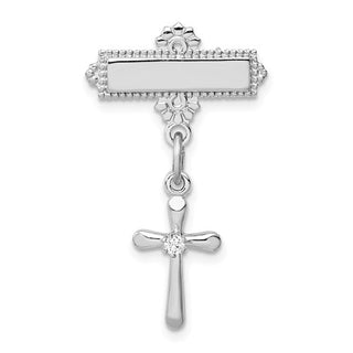 Silver pendant with a cross and engraved nameplate on a white background