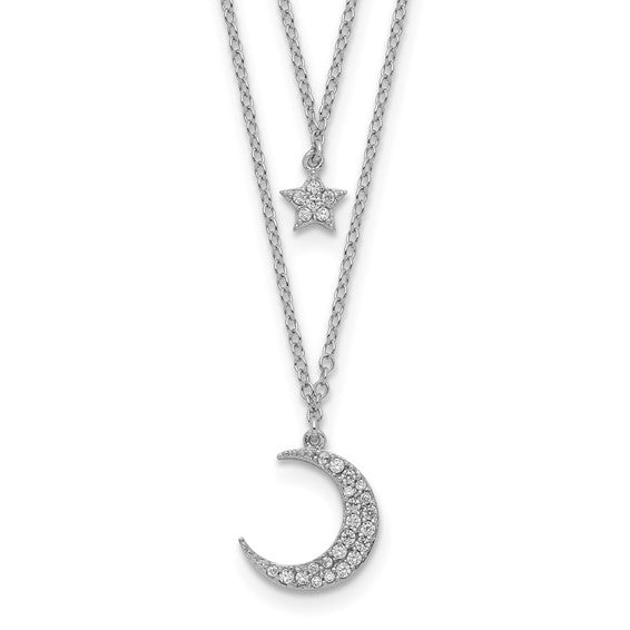 Two silver necklaces with star and crescent moon pendants on a white background