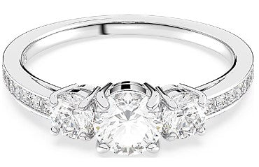 A rhodium-plated Swarovski Attract Trilogy ring with round cut clear crystals and a central diamond.