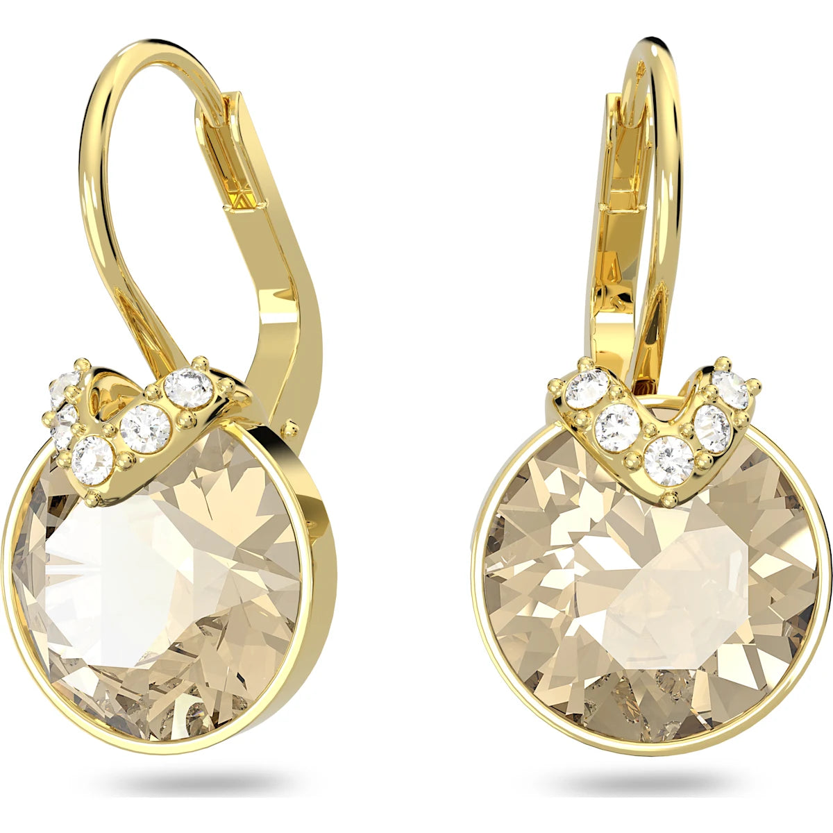 Gold earrings with large round gemstones and smaller stones on a white background