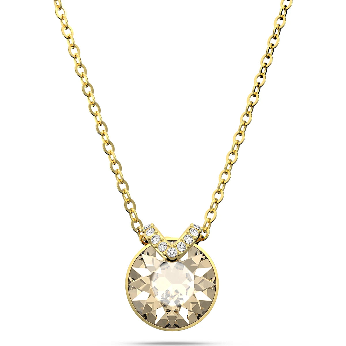 Gold necklace with a round pendant and small diamonds on a white background