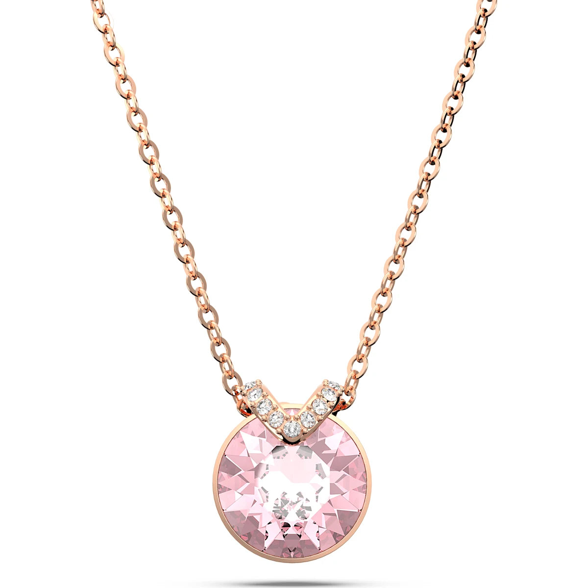 Necklace with a pink gemstone pendant on a white background