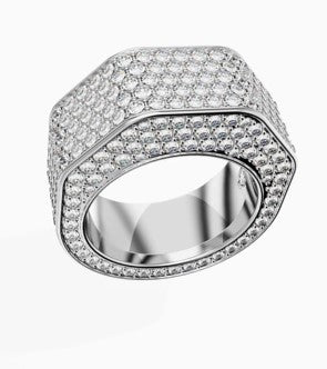 Silver ring with clear gemstones on a white background