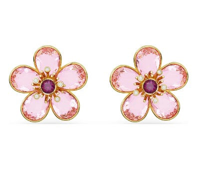 A pair of pink Swarovski Florere stud earrings with gold-tone plating and a central red crystal.