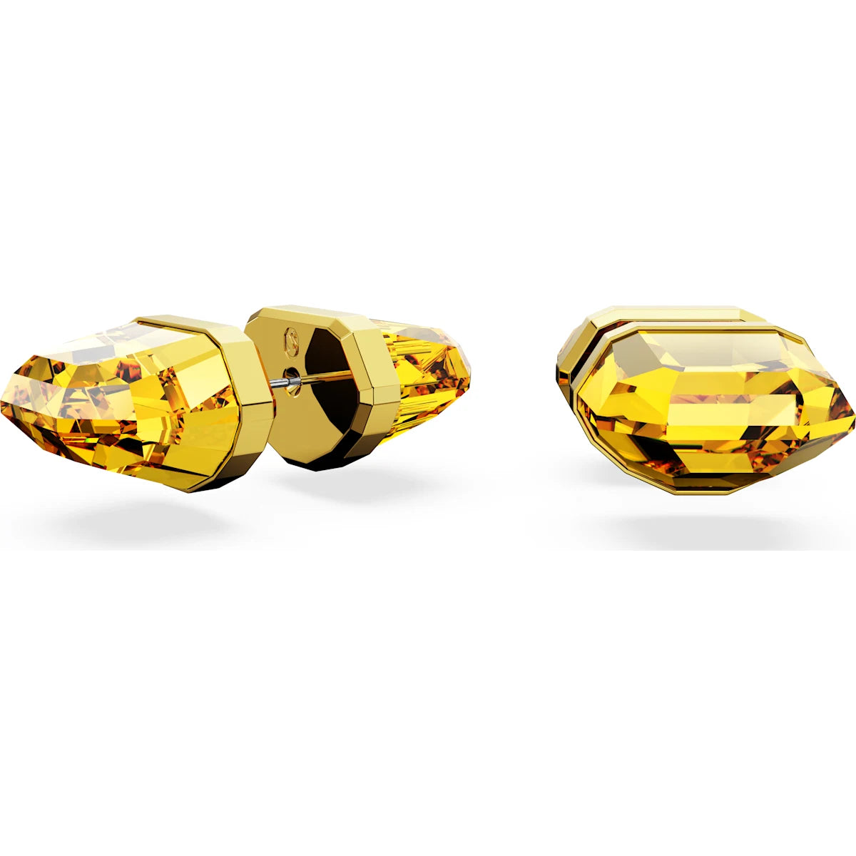 Gold earrings with yellow gemstones on a white background
