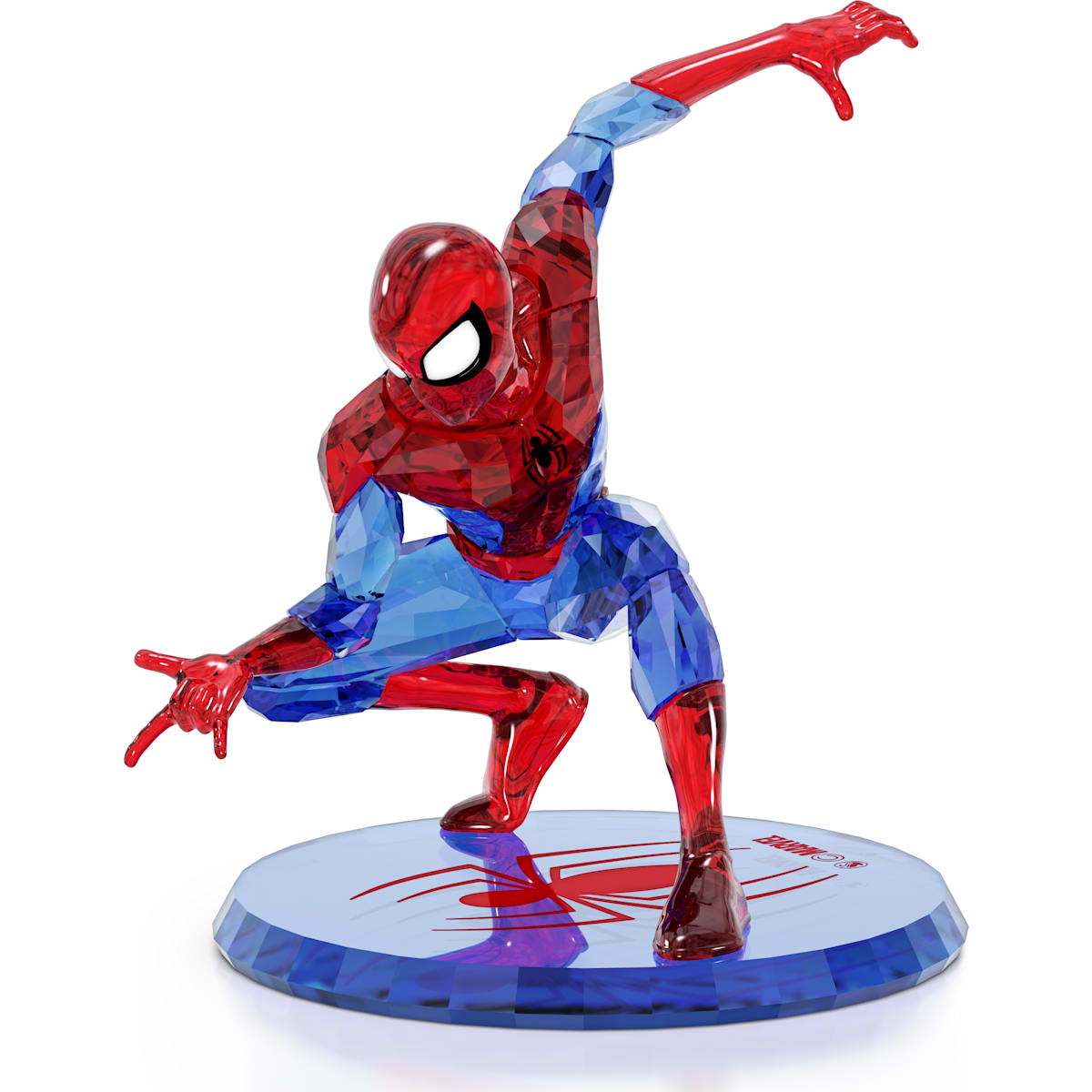A Swarovski crystal figurine of Marvel's Spider-Man in a dynamic web-slinging pose.