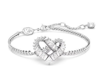 Silver bracelet with a heart-shaped clasp on a white background