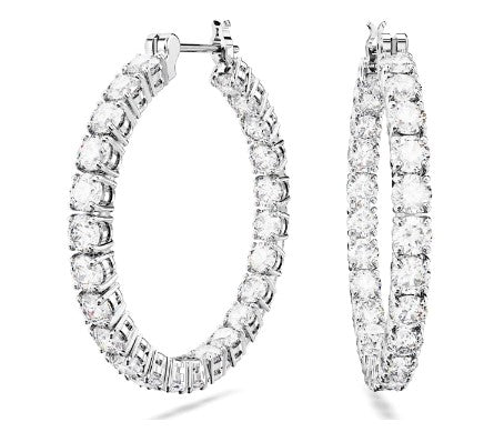 A pair of Swarovski Matrix hoop earrings with round cuts, white, rhodium plated.