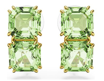 Green gemstone earrings with gold accents on a white background