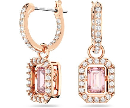 Rose gold hoop earrings with pink gemstones and diamond accents on a white background