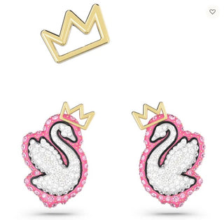 Earrings with swan design and gold crowns on a white background