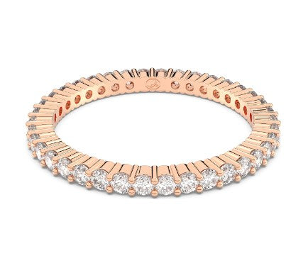 A round cut Swarovski Vittore ring with rose gold-tone plating and clear white stones.