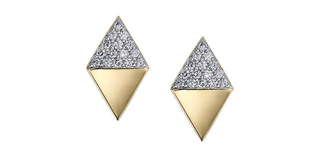 Pair of gold and diamond triangle earrings on a white background