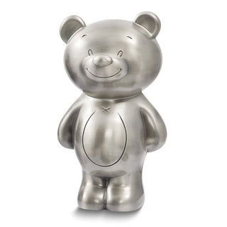 Metallic bear-shaped object on a white background