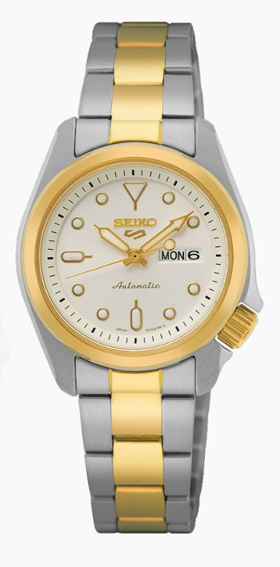 Two-tone silver and gold Seiko watch on a white background