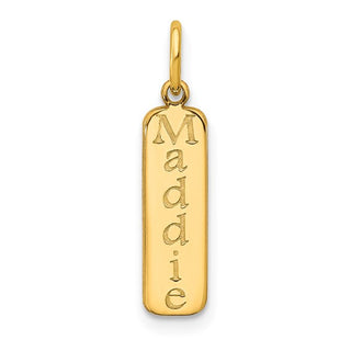 Gold pendant with 'Maddie' engraved on a white background