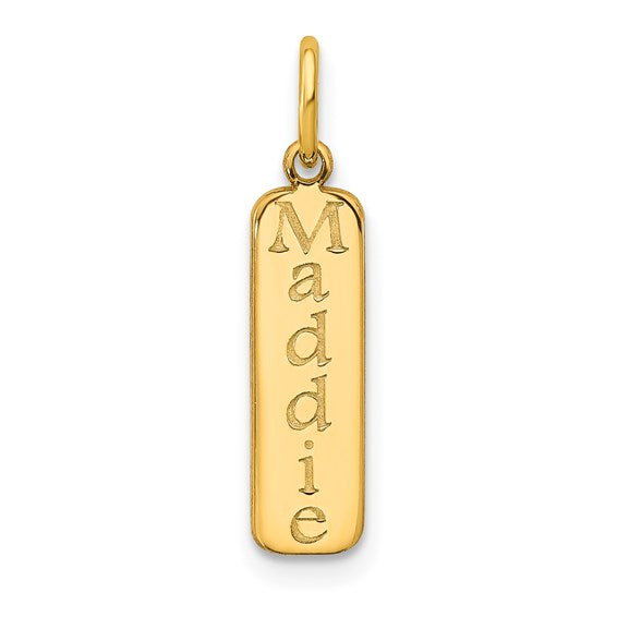 Gold pendant with 'Maddie' engraved on a white background