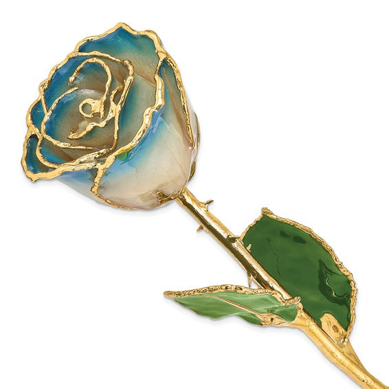 A lacquer-dipped gold trimmed real rose with white and navy blue petals.