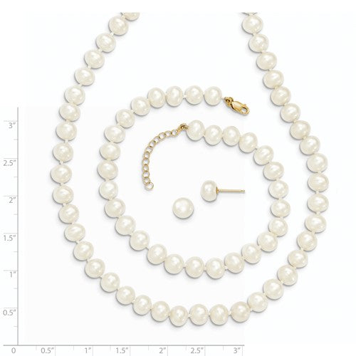 14k 6-7mm Fresh Water Cultured Pearl 7.25&quot; with 1&quot; Extender Bracelet 18&quot; with 2&quot; Extender Necklace and Earring Set