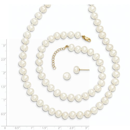 Perla cultivada en agua dulce de 14 k, 6-7 mm, 7,25&quot; con pulsera extensora de 1&quot;, 18&quot; con juego de aretes y collar extensor de 2&quot;