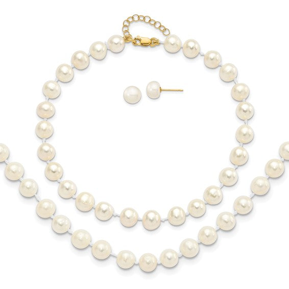 14k 6-7mm Fresh Water Cultured Pearl 7.25&quot; with 1&quot; Extender Bracelet 18&quot; with 2&quot; Extender Necklace and Earring Set