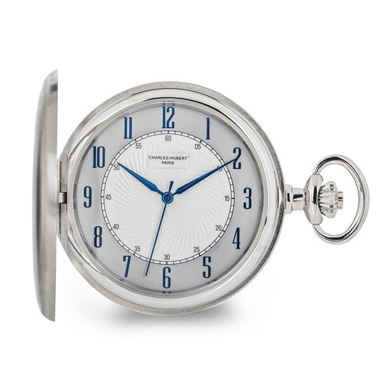 Charles Hubert Reloj de bolsillo con esfera blanca y caja Hunter de acero inoxidable satinado