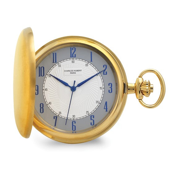 Charles Hubert Reloj de bolsillo con esfera blanca de acero inoxidable chapado en oro satinado de 14 quilates