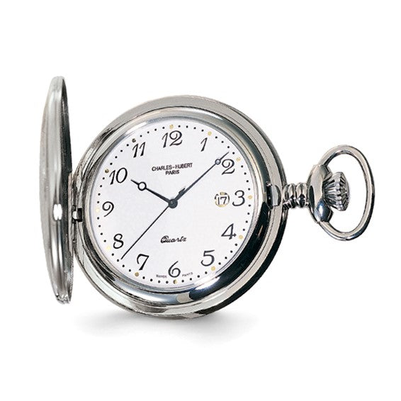 Charles Hubert Reloj de bolsillo de acero inoxidable con esfera blanca y fecha