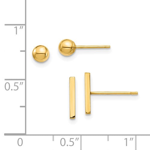 Juego de aretes con barra de 14 quilates y poste de bola de 3 mm 