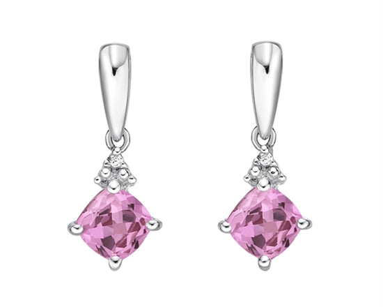 10K White Gold 5mm Princess Cut Created Pink Sapphire and 0.012cttw Diamond Dangle Earrings with Butterfly Backings