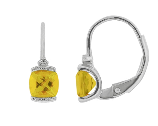 10K White Gold 5mm Cushion Cut Citrine and 0.01cttw Diamond Earrings with Leverbacks