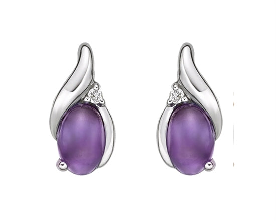 10K White Gold 6x4mm Cabochon Cut Oval Amethyst and 0.02cttw Diamond Slight Drop Earrings With Butterfly Back