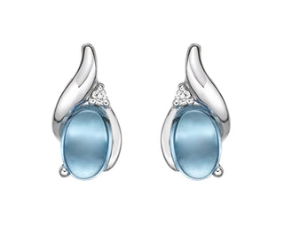 Pendientes de oro blanco de 10 quilates con topacio azul suizo de talla cabujón ovalada de 6x4 mm y diamantes de 0,02 quilates