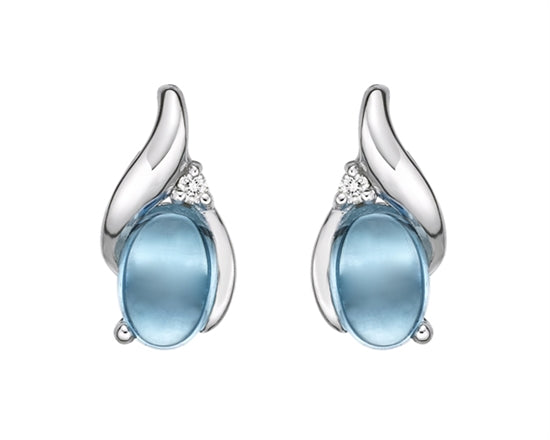 10K White Gold 6x4mm Oval Cabochon Cut Swiss Blue Topaz and 0.02cttw Diamond Earrings