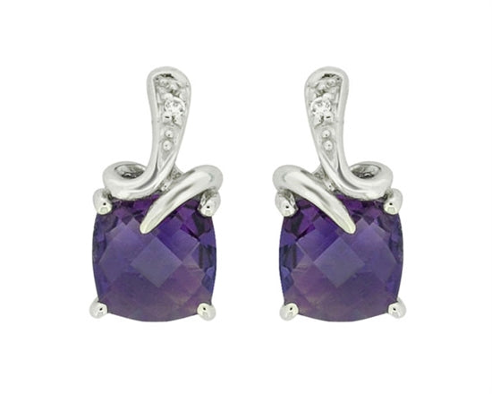 10K White Gold Cushion Cut Amethyst and 0.01cttw Diamond Slight Drop Earrings with Butterfly Backs