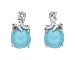 Turquoise earrings with silver detailing on a white background