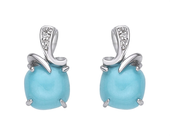 10K White Gold 6mm Cushion Cut Turquoise and 0.01cttw Diamond Earrings with Butterfly Backings